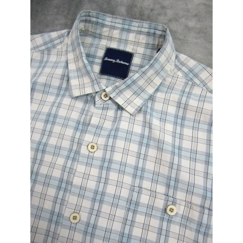 Tommy Bahama Sz XL Shirt Silk Blend Short Sleeve Buttoned Up Plaid Blue Gray